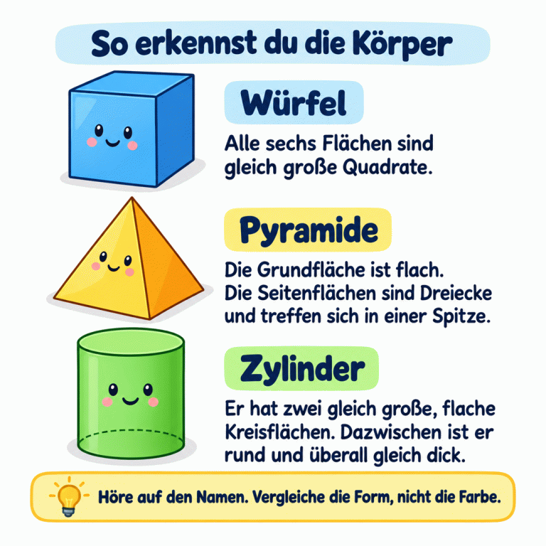 Drei Körper mit ihren Merkmalen: Der Würfel hat sechs gleich große quadratische Flächen. Bei der Pyramide treffen sich dreieckige Seitenflächen in einer Spitze; ihre Grundfläche ist flach. Der Zylinder hat zwei gleich große, flache Kreisflächen und ist dazwischen rund und überall gleich dick. Entscheidend ist die Form, nicht die Farbe. So erkennst du die Körper Würfel: Alle sechs Flächen sind gleich große Quadrate. Pyramide: Die Grundfläche ist flach. Die Seitenflächen sind Dreiecke und treffen sich in einer Spitze. Zylinder: Er hat zwei gleich große, flache Kreisflächen. Dazwischen ist er rund und überall gleich dick. Höre auf den Namen. Vergleiche die Form, nicht die Farbe.