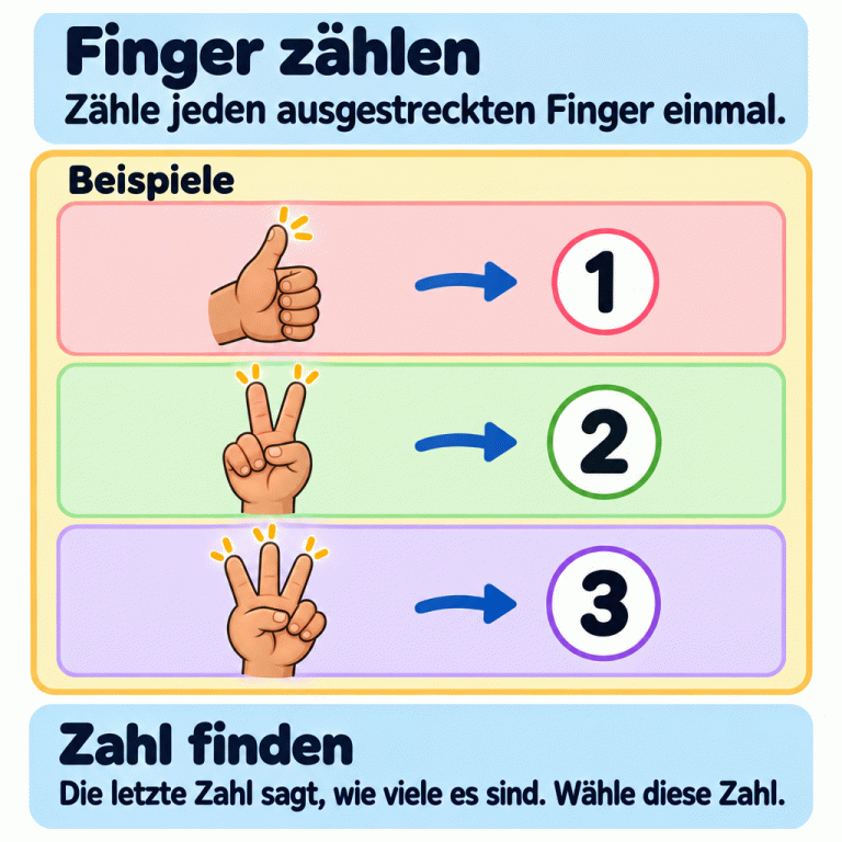 Zähle jeden ausgestreckten Finger einmal. Drei Beispiele zeigen: ein ausgestreckter Daumen gehört zur Zahl 1, zwei ausgestreckte Finger zur Zahl 2 und drei ausgestreckte Finger zur Zahl 3. Eingeklappte Finger werden nicht mitgezählt. Die letzte Zahl beim Zählen sagt, wie viele es sind. Finger zählen: Zähle jeden ausgestreckten Finger einmal. Zahl finden: Die letzte Zahl sagt, wie viele es sind. Wähle diese Zahl. Beispiele 1 2 3