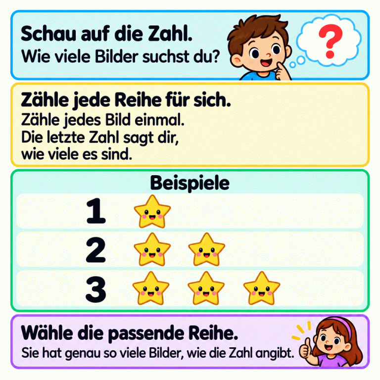 Schau auf die gesuchte Zahl und zähle jede Reihe für sich. Jedes Bild zählt einmal. Drei Beispiele zeigen: Zur Zahl 1 gehört ein Stern, zur Zahl 2 gehören zwei Sterne und zur Zahl 3 gehören drei Sterne. Die letzte Zahl beim Zählen sagt, wie viele Bilder in der Reihe sind. Wähle die Reihe, deren Anzahl zur gesuchten Zahl passt. Schau auf die Zahl.: Wie viele Bilder suchst du? Zähle jede Reihe für sich.: Zähle jedes Bild einmal. Die letzte Zahl sagt dir, wie viele es sind. Wähle die passende Reihe.: Sie hat genau so viele Bilder, wie die Zahl angibt. Beispiele 1 2 3 ?