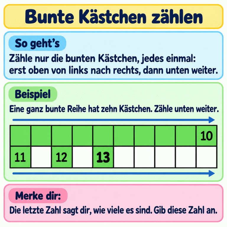 Zähle nur die bunten Kästchen, jedes einmal: zuerst oben von links nach rechts, dann unten weiter. Das Lehrbeispiel zeigt zwei Reihen mit je zehn Kästchen. Die obere Reihe ist ganz bunt; im letzten Kästchen steht 10. Unten sind drei weitere Kästchen bunt, mit leeren Lücken dazwischen. Darin stehen 11, 12 und 13. Die leeren Kästchen zählen nicht mit. Die letzte Zählzahl zeigt: In diesem Beispiel sind dreizehn Kästchen bunt. Bunte Kästchen zählen So geht’s: Zähle nur die bunten Kästchen, jedes einmal: erst oben von links nach rechts, dann unten weiter. Beispiel: Eine ganz bunte Reihe hat zehn Kästchen. Zähle unten weiter. Die letzte Zahl sagt dir, wie viele es sind. Gib diese Zahl an. 10 11 12 13 Merke dir: