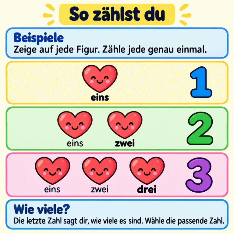 Drei getrennte Zählbeispiele mit lächelnden Herzen: ein Herz mit dem Zahlwort eins und der Ziffer 1; zwei Herzen mit eins, zwei und der Ziffer 2; drei Herzen mit eins, zwei, drei und der Ziffer 3. Jede Figur wird genau einmal gezählt. Das letzte Zahlwort sagt, wie viele es sind. Dazu wird die passende Zahl gewählt. So zählst du Beispiele: Zeige auf jede Figur. Zähle jede genau einmal. Wie viele?: Die letzte Zahl sagt dir, wie viele es sind. Wähle die passende Zahl. eins zwei drei 1 2 3