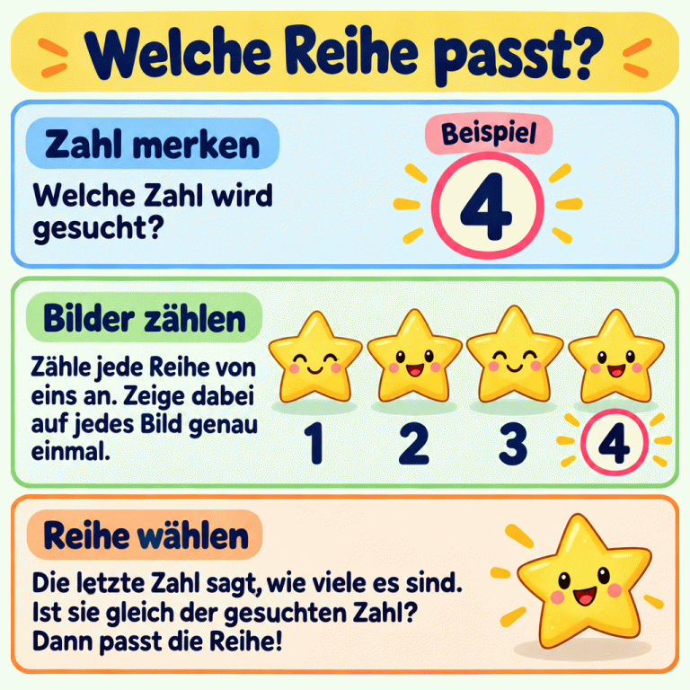 Eine Lernkarte erklärt: Gesuchte Zahl merken, jede Reihe von eins an zählen und die passende Reihe wählen. Das gekennzeichnete Beispiel zeigt die Zielzahl 4 und vier freundliche Sterne. Unter den Sternen stehen die Zählzahlen 1, 2, 3 und 4. Die letzte Zählzahl stimmt mit der gesuchten Zahl überein. Welche Reihe passt? Zahl merken: Welche Zahl wird gesucht? Bilder zählen: Zähle jede Reihe von eins an. Zeige dabei auf jedes Bild genau einmal. Reihe wählen: Die letzte Zahl sagt, wie viele es sind. Ist sie gleich der gesuchten Zahl? Dann passt die Reihe! Beispiel 4 1 2 3