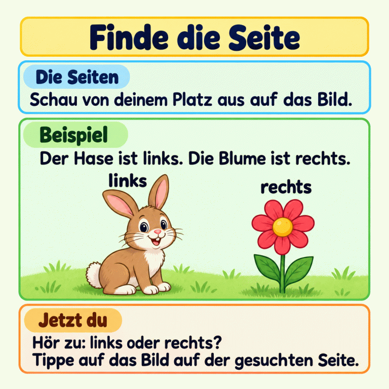 Ein Beispiel zeigt einen Hasen links und eine Blume rechts, jeweils mit dem passenden Seitenwort darüber. Links und rechts gelten so, wie du auf das Bild schaust. Höre, welche Seite gesucht wird, und tippe auf das Bild auf dieser Seite. Finde die Seite Die Seiten: Schau von deinem Platz aus auf das Bild. Beispiel: Der Hase ist links. Die Blume ist rechts. Jetzt du: Hör zu: links oder rechts? Tippe auf das Bild auf der gesuchten Seite. links rechts
