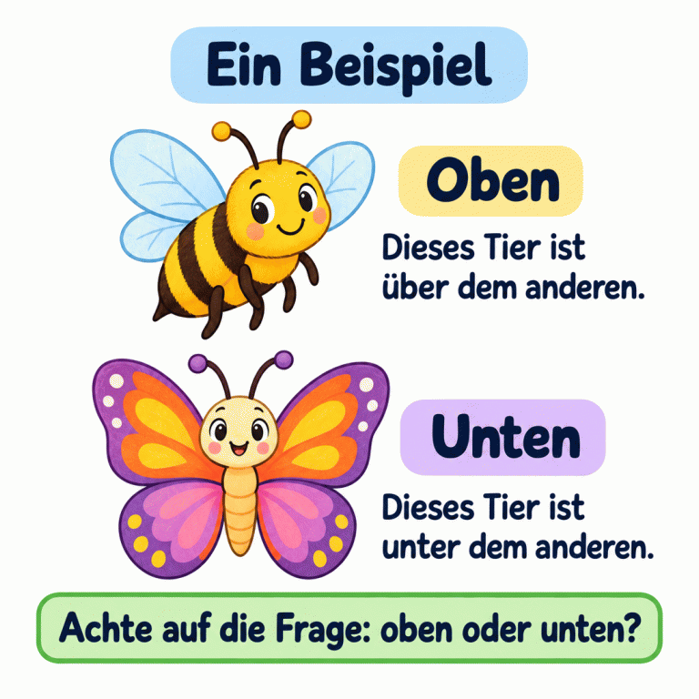 Ein Beispiel mit zwei Tieren: Eine Biene ist mit deutlichem Abstand über einem Schmetterling. Neben der Biene steht „Oben“ und „Dieses Tier ist über dem anderen.“ Neben dem Schmetterling steht „Unten“ und „Dieses Tier ist unter dem anderen.“ Die Erinnerung lautet: „Achte auf die Frage: oben oder unten?“ Ein Beispiel Oben: Dieses Tier ist über dem anderen. Unten: Dieses Tier ist unter dem anderen. Achte auf die Frage: oben oder unten?