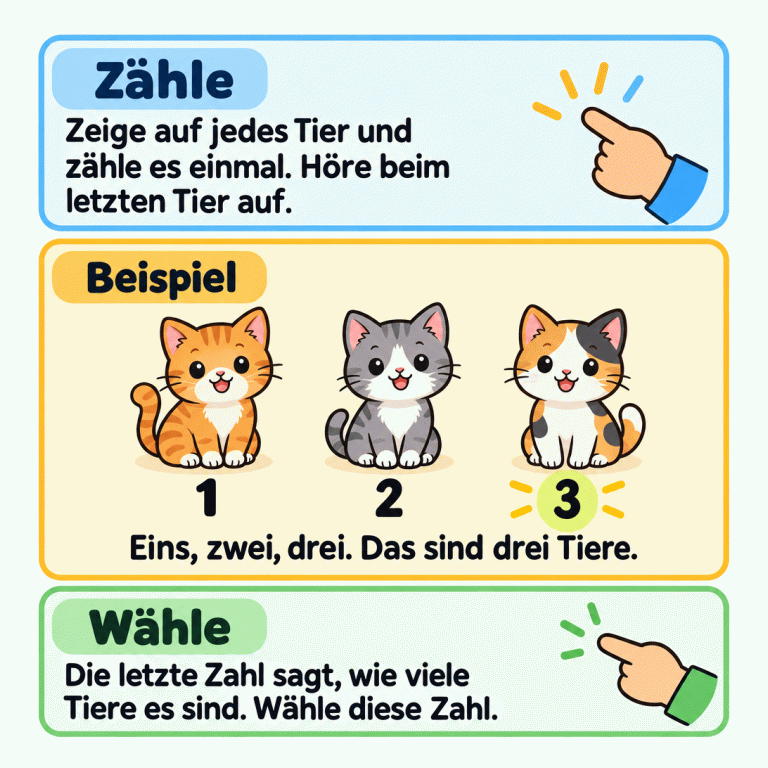 Ein Zählbeispiel mit drei Kätzchen. Unter ihnen stehen nacheinander die Zahlen 1, 2 und 3. Die 3 ist hervorgehoben. Zeige beim Zählen auf jedes Tier einmal und höre beim letzten Tier auf. Die letzte gezählte Zahl sagt, wie viele Tiere es sind. Wähle diese Zahl. Zähle: Zeige auf jedes Tier und zähle es einmal. Höre beim letzten Tier auf. Beispiel: Eins, zwei, drei. Das sind drei Tiere. Wähle: Die letzte Zahl sagt, wie viele Tiere es sind. Wähle diese Zahl. 1 2 3