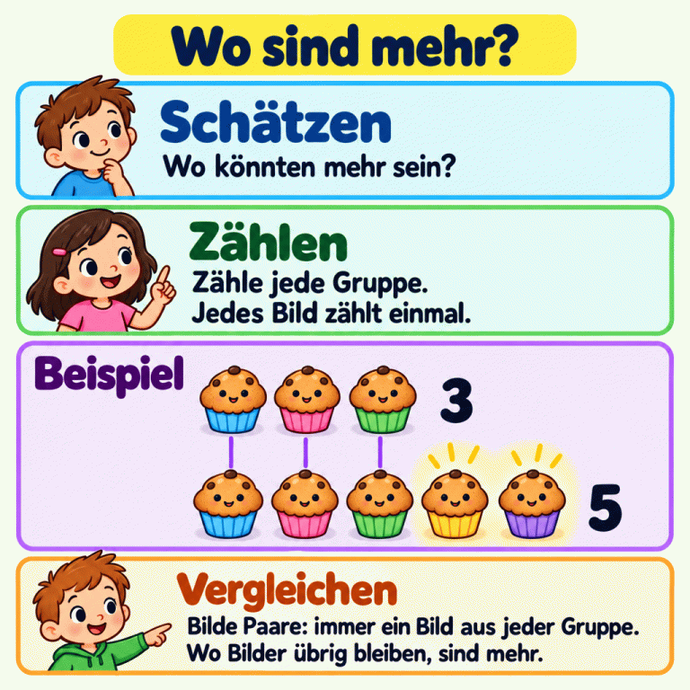 Wo sind mehr? Schätze zuerst und zähle dann jede Gruppe. Jedes Bild zählt einmal. Das Beispiel zeigt eine Gruppe mit drei Muffins und eine mit fünf. Je ein Muffin aus jeder Gruppe bildet ein Paar. Es entstehen drei Paare; in der Gruppe mit fünf Muffins bleiben zwei ohne Partner übrig. Dort sind mehr. Wo sind mehr? Schätzen: Wo könnten mehr sein? Zählen: Zähle jede Gruppe. Jedes Bild zählt einmal. Vergleichen: Bilde Paare: immer ein Bild aus jeder Gruppe. Wo Bilder übrig bleiben, sind mehr. Beispiel 3 5