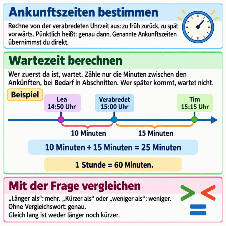 Die Karte erklärt: Bestimme zuerst beide Ankunftszeiten. Wer zuerst da ist, wartet bis zur späteren Ankunft. Im Beispiel kommt Lea um 14:50 Uhr, verabredet ist 15:00 Uhr, Tim kommt um 15:15 Uhr. Lea wartet zuerst 10 und danach 15 Minuten, insgesamt 25 Minuten. Eine Stunde hat 60 Minuten. Vergleiche anschließend mit der Frage: länger bedeutet mehr, weniger bedeutet kürzer; eine genaue Dauer muss übereinstimmen. Gleich lang ist weder länger noch kürzer. Ankunftszeiten bestimmen: Rechne von der verabredeten Uhrzeit aus: zu früh zurück, zu spät vorwärts. Pünktlich heißt: genau dann. Genannte Ankunftszeiten übernimmst du direkt. Wartezeit berechnen: Wer zuerst da ist, wartet. Zähle nur die Minuten zwischen den Ankünften, bei Bedarf in Abschnitten. Wer später kommt, wartet nicht. Mit der Frage vergleichen: „Länger als“: mehr. „Kürzer als“ oder „weniger als“: weniger. Ohne Vergleichswort: genau. Gleich lang ist weder länger noch kürzer. 1 Stunde = 60 Minuten. Beispiel Lea
14:50 Uhr Verabredet
15:00 Uhr Tim
15:15 Uhr 10 Minuten 15 Minuten 10 Minuten + 15 Minuten = 25 Minuten > < =