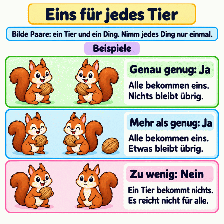 Bilde Paare aus je einem Tier und einem Ding. Verwende jedes Ding nur einmal. Drei Beispiele mit Eichhörnchen und Nüssen: Zwei Eichhörnchen und zwei Nüsse ergeben zwei Paare: genau genug, Ja. Bei zwei Eichhörnchen und drei Nüssen bleibt eine Nuss übrig: mehr als genug, Ja. Bei zwei Eichhörnchen und einer Nuss bleibt ein Eichhörnchen ohne: zu wenig, Nein. Eins für jedes Tier Genau genug: Ja: Alle bekommen eins. Nichts bleibt übrig. Mehr als genug: Ja: Alle bekommen eins. Etwas bleibt übrig. Zu wenig: Nein: Ein Tier bekommt nichts. Es reicht nicht für alle. Bilde Paare: ein Tier und ein Ding. Nimm jedes Ding nur einmal. Beispiele