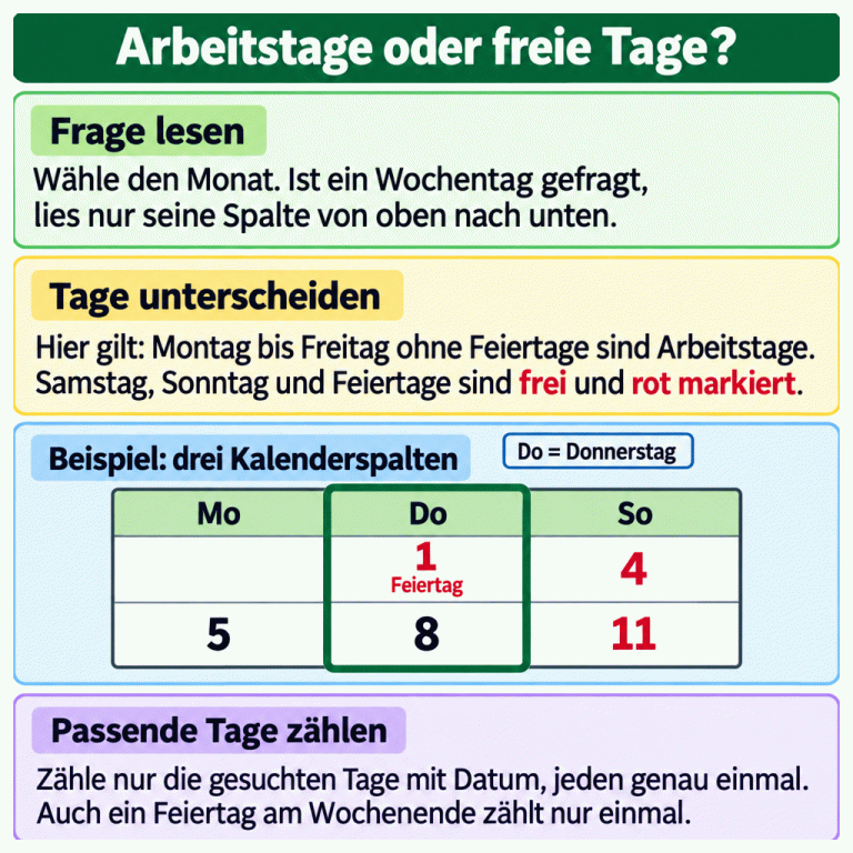 Die Karte erklärt, wie man im Kalender Arbeitstage oder freie Tage zählt. Ein Beispiel zeigt die Spalten Montag, Donnerstag und Sonntag in zwei Kalenderwochen. Das erste Montagsfeld ist leer. Der Donnerstag mit dem Datum 1 ist rot als Feiertag markiert; der Donnerstag mit dem Datum 8 ist ein Arbeitstag. Die Sonntage mit den Daten 4 und 11 sind rot und frei. Der Montag mit dem Datum 5 ist ein Arbeitstag. Die Donnerstagsspalte ist beispielhaft hervorgehoben. Gezählt werden nur die zur Frage passenden Datumsfelder, jedes genau einmal. Arbeitstage oder freie Tage? Frage lesen: Wähle den Monat. Ist ein Wochentag gefragt, lies nur seine Spalte von oben nach unten. Tage unterscheiden: Hier gilt: Montag bis Freitag ohne Feiertage sind Arbeitstage. Samstag, Sonntag und Feiertage sind frei und rot markiert. Passende Tage zählen: Zähle nur die gesuchten Tage mit Datum, jeden genau einmal. Auch ein Feiertag am Wochenende zählt nur einmal. Beispiel: drei Kalenderspalten Mo Do So 1 4 5 8 11 Feiertag Do = Donnerstag