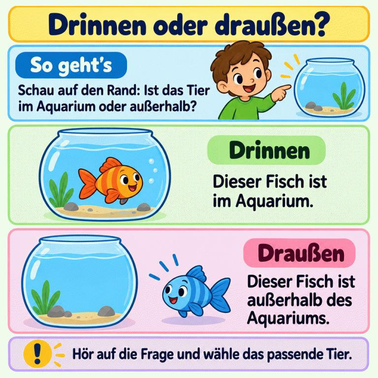 Zwei Beispiele erklären drinnen und draußen: Ein Fisch ist vollständig im Aquarium. Ein anderer Fisch ist mit deutlichem Abstand außerhalb eines Aquariums. Der Rand hilft beim Unterscheiden. Die Frage sagt, welches Tier gesucht wird. Drinnen oder draußen? So geht’s: Schau auf den Rand: Ist das Tier im Aquarium oder außerhalb? Drinnen: Dieser Fisch ist im Aquarium. Draußen: Dieser Fisch ist außerhalb des Aquariums. Hör auf die Frage und wähle das passende Tier. !