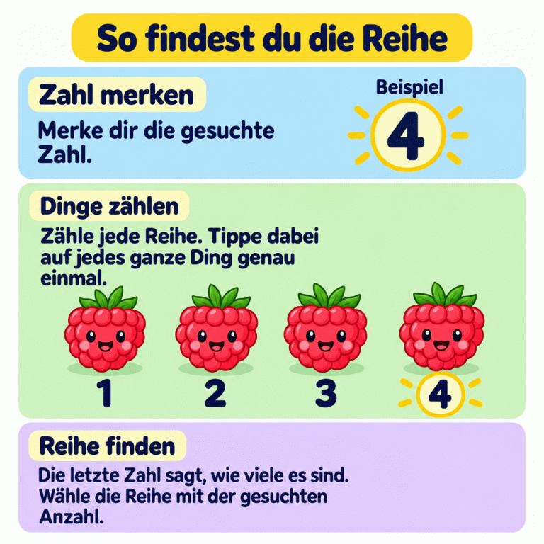 So findest du die Reihe: Merke dir die gesuchte Zahl und zähle jedes ganze Ding genau einmal. Im Beispiel ist die Zahl 4 gesucht. Vier Himbeeren werden mit 1, 2, 3 und 4 gezählt. Die letzte Zahl ist 4. Deshalb passt diese Beispielreihe zur gesuchten Zahl. So findest du die Reihe Zahl merken: Merke dir die gesuchte Zahl. Dinge zählen: Zähle jede Reihe. Tippe dabei auf jedes ganze Ding genau einmal. Reihe finden: Die letzte Zahl sagt, wie viele es sind. Wähle die Reihe mit der gesuchten Anzahl. Beispiel 4 1 2 3