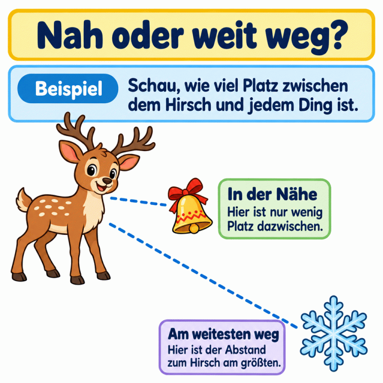 Ein Beispiel zeigt einen Hirsch mit zwei Dingen. Eine Glocke liegt nahe bei ihm: Dazwischen ist nur wenig Platz. Eine Schneeflocke liegt deutlich weiter entfernt. Sie hat von beiden Dingen den größten Abstand zum Hirsch. Vergleiche immer den Abstand jedes Dinges zum Hirsch. Nah oder weit weg? Beispiel: Schau, wie viel Platz zwischen dem Hirsch und jedem Ding ist. In der Nähe: Hier ist nur wenig Platz dazwischen. Am weitesten weg: Hier ist der Abstand zum Hirsch am größten.