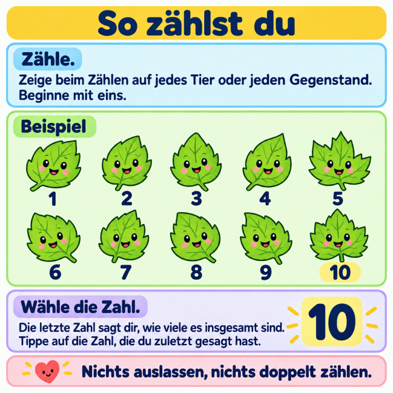 Ein Zählbeispiel mit zehn freundlichen Blättern in zwei Reihen. Bei jedem Blatt steht eine Zählzahl, der Reihe nach von eins bis zehn. Jedes Blatt wird genau einmal gezählt. Die letzte Zahl ist zehn und sagt, wie viele Blätter es insgesamt sind. Deshalb passt im Beispiel die Zahl 10. Zähle bei deiner Aufgabe genauso und wähle deine zuletzt genannte Zahl. So zählst du Zähle.: Zeige beim Zählen auf jedes Tier oder jeden Gegenstand. Beginne mit eins. Wähle die Zahl.: Die letzte Zahl sagt dir, wie viele es insgesamt sind. Tippe auf die Zahl, die du zuletzt gesagt hast. Nichts auslassen, nichts doppelt zählen. Beispiel 1 2 3 4 5 6 7 8 9 10