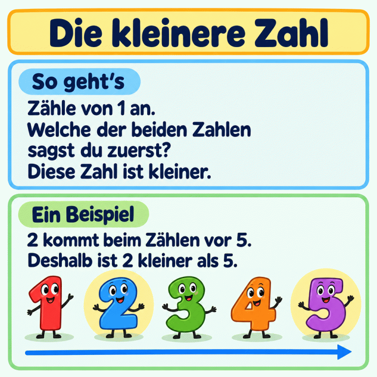 Eine Zählreihe zeigt die Zahlen 1, 2, 3, 4 und 5 als freundliche Zahlfiguren. Im Beispiel werden 2 und 5 verglichen. Beim Zählen kommt 2 zuerst, deshalb ist 2 kleiner als 5. So findest du die kleinere Zahl: Zähle von 1 an und achte darauf, welche der beiden Zahlen du zuerst sagst. Die kleinere Zahl So geht’s: Zähle von 1 an. Welche der beiden Zahlen sagst du zuerst? Diese Zahl ist kleiner. Ein Beispiel: 2 kommt beim Zählen vor 5. Deshalb ist 2 kleiner als 5. 1 2 3 4 5