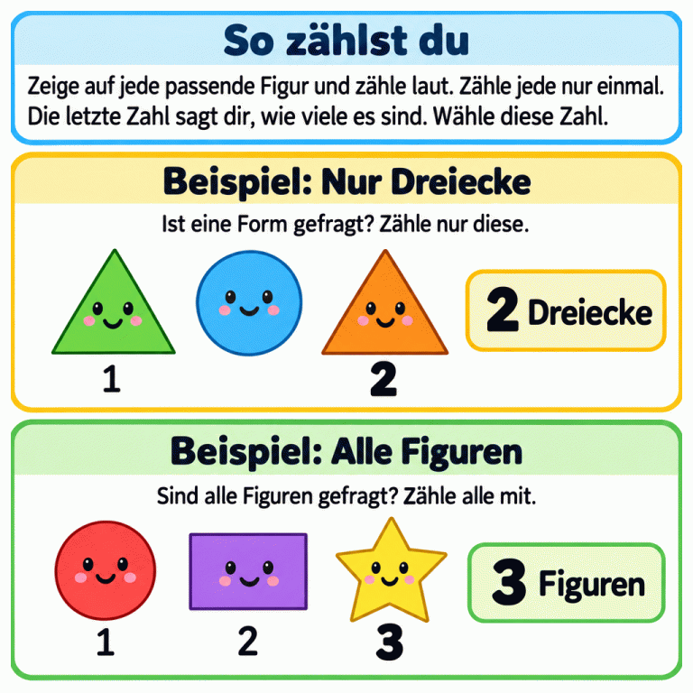 Eine Zählhilfe mit zwei Beispielen. Zähle jede passende Figur nur einmal. Die letzte Zahl sagt dir, wie viele es sind; diese Zahl wählst du aus. Im ersten Beispiel sind zwei Dreiecke und ein Kreis zu sehen. Nur die Dreiecke werden mit eins und zwei gezählt: zwei Dreiecke. Im zweiten Beispiel werden ein Kreis, ein Rechteck und ein Stern mit eins, zwei und drei gezählt: drei Figuren. So zählst du: Zeige auf jede passende Figur und zähle laut. Zähle jede nur einmal. Die letzte Zahl sagt dir, wie viele es sind. Wähle diese Zahl. Beispiel: Nur Dreiecke: Ist eine Form gefragt? Zähle nur diese. Beispiel: Alle Figuren: Sind alle Figuren gefragt? Zähle alle mit. 1 2 3 2 Dreiecke 3 Figuren