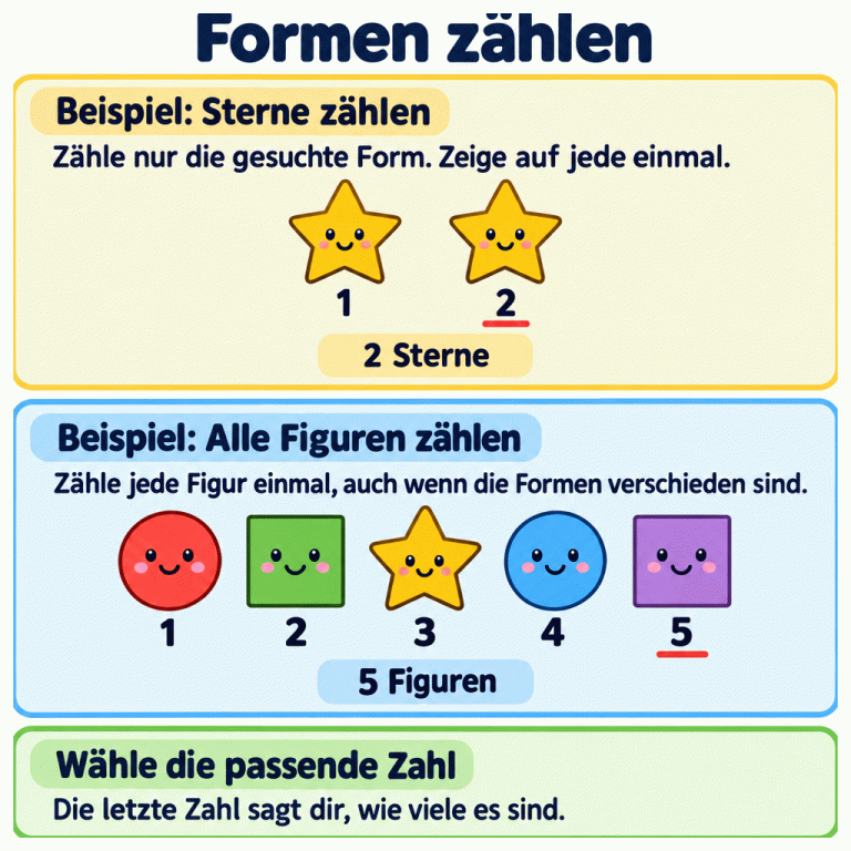 Zwei Zählbeispiele: Zwei Sterne werden einzeln mit 1 und 2 gezählt. Darunter werden fünf gemischte Figuren mit 1 bis 5 gezählt. Die letzte Zahl gibt jeweils die Anzahl an: 2 Sterne und 5 Figuren. Die Erklärung zeigt: Zähle die in der Frage genannte Form oder alle Figuren, jede genau einmal. Wähle anschließend die passende Zahl. Formen zählen Beispiel: Sterne zählen: Zähle nur die gesuchte Form. Zeige auf jede einmal. Beispiel: Alle Figuren zählen: Zähle jede Figur einmal, auch wenn die Formen verschieden sind. Wähle die passende Zahl: Die letzte Zahl sagt dir, wie viele es sind. 1 2 3 4 5 2 Sterne 5 Figuren