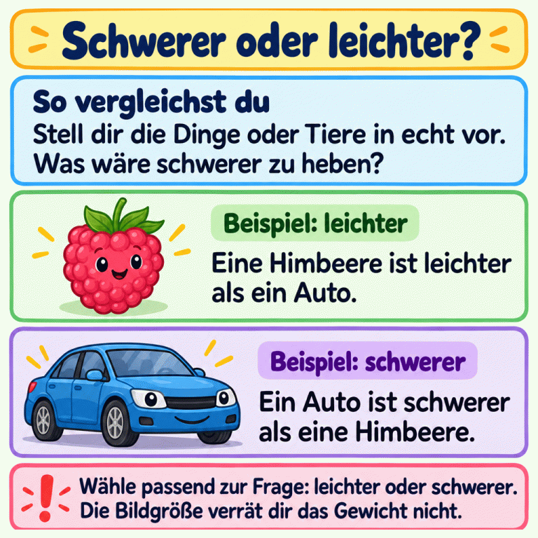 Eine Lernkarte erklärt, wie man Gewichte vergleicht: Stell dir Dinge oder Tiere in Wirklichkeit vor und überlege, was schwerer zu heben wäre. Als Beispiel ist eine Himbeere leichter als ein Auto; das Auto ist schwerer als die Himbeere. Wähle passend zur Frage. Die Größe der Bilder verrät das tatsächliche Gewicht nicht. Schwerer oder leichter? So vergleichst du: Stell dir die Dinge oder Tiere in echt vor. Was wäre schwerer zu heben? Beispiel: leichter: Eine Himbeere ist leichter als ein Auto. Beispiel: schwerer: Ein Auto ist schwerer als eine Himbeere. Wähle passend zur Frage: leichter oder schwerer. Die Bildgröße verrät dir das Gewicht nicht. !