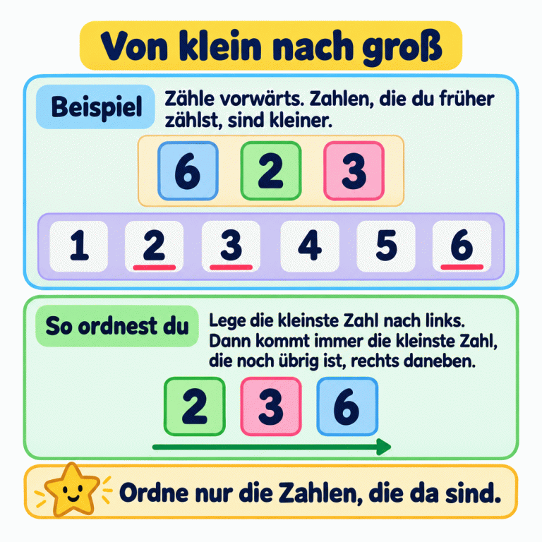 Ein Lehrbeispiel zeigt die ungeordneten Zahlen 6, 2 und 3. Darunter steht die Zählreihe von 1 bis 6. Beim Zählen kommt die 2 vor der 3 und die 3 vor der 6. Deshalb lautet die geordnete Reihe von links nach rechts: 2, 3, 6. Nur die vorhandenen Zahlen werden einsortiert. Von klein nach groß Beispiel: Zähle vorwärts. Zahlen, die du früher zählst, sind kleiner. So ordnest du: Lege die kleinste Zahl nach links. Dann kommt immer die kleinste Zahl, die noch übrig ist, rechts daneben. Ordne nur die Zahlen, die da sind. 1 2 3 4 5 6