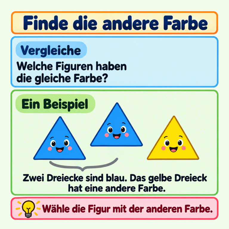 Eine Beispielgruppe zeigt drei Dreiecke. Zwei sind blau und haben die gleiche Farbe. Ein Dreieck ist gelb und hat eine andere Farbe. Vergleiche die Farben und wähle die Figur mit der anderen Farbe. Finde die andere Farbe Vergleiche: Welche Figuren haben die gleiche Farbe? Ein Beispiel: Zwei Dreiecke sind blau. Das gelbe Dreieck hat eine andere Farbe. Wähle die Figur mit der anderen Farbe.