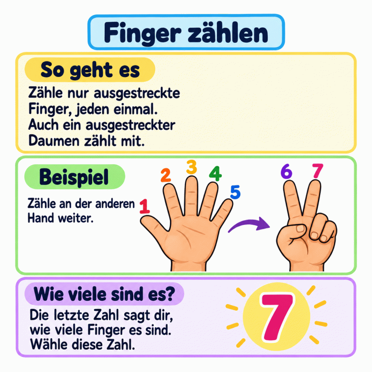 Eine Anleitung zum Fingerzählen mit einem Beispiel: Eine Hand zeigt fünf ausgestreckte Finger, auch den Daumen. An der anderen Hand sind zwei Finger ausgestreckt und drei eingeklappt. Neben den ausgestreckten Fingern stehen die Zählzahlen eins bis sieben. An der zweiten Hand wird mit sechs und sieben weitergezählt. Eine große 7 zeigt die Gesamtzahl. Nur ausgestreckte Finger werden gezählt, jeder genau einmal. Finger zählen So geht es: Zähle nur ausgestreckte Finger, jeden einmal. Auch ein ausgestreckter Daumen zählt mit. Beispiel: Zähle an der anderen Hand weiter. Wie viele sind es?: Die letzte Zahl sagt dir, wie viele Finger es sind. Wähle diese Zahl. 1 2 3 4 5 6 7