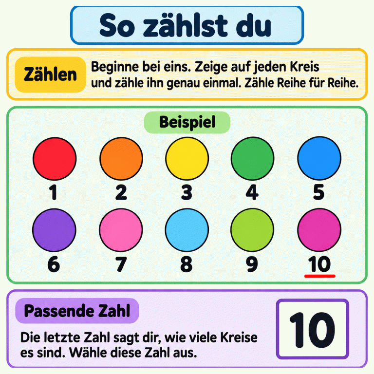 Ein Beispiel zeigt zehn Kreise in zwei Reihen. Bei jedem Kreis steht eine Zählzahl: oben eins bis fünf, darunter sechs bis zehn. Jeder Kreis wird genau einmal gezählt. Die letzte Zahl ist zehn. Deshalb zeigt die passende Zahlenkarte für dieses Beispiel die Zahl 10. So zählst du Zählen: Beginne bei eins. Zeige auf jeden Kreis und zähle ihn genau einmal. Zähle Reihe für Reihe. Passende Zahl: Die letzte Zahl sagt dir, wie viele Kreise es sind. Wähle diese Zahl aus. Beispiel 1 2 3 4 5 6 7 8 9 10
