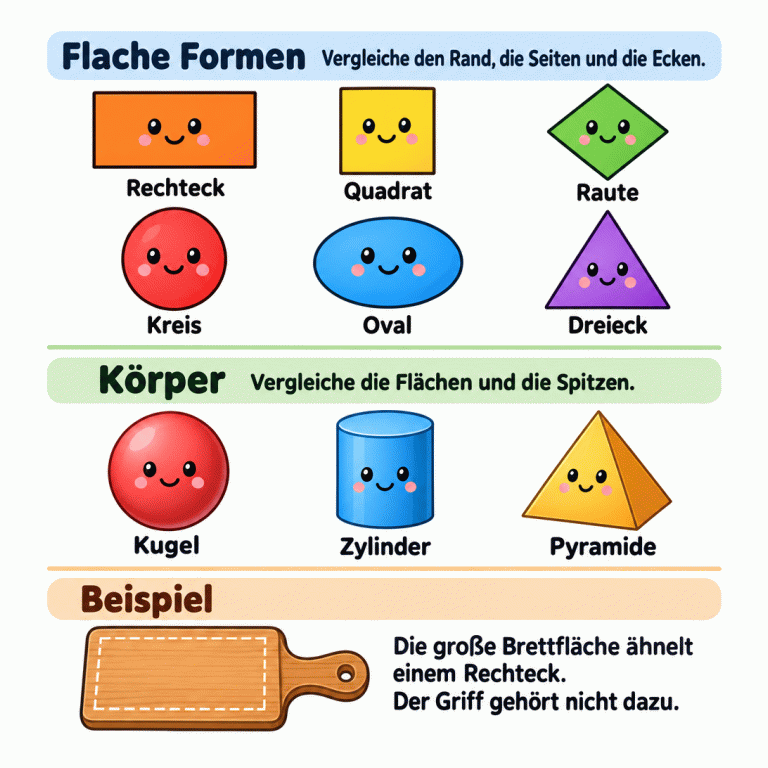 Eine Lernkarte zeigt die flachen Formen Rechteck, Quadrat, Raute, Kreis, Oval und Dreieck sowie die Körper Kugel, Zylinder und Pyramide. Verglichen werden Ränder, Seiten, Ecken, Flächen und Spitzen. Als Beispiel ist die große rechteckähnliche Fläche eines Schneidebretts hervorgehoben. Der Griff gehört nicht zu dieser Fläche. Flache Formen: Vergleiche den Rand, die Seiten und die Ecken. Körper: Vergleiche die Flächen und die Spitzen. Beispiel: Die große Brettfläche ähnelt einem Rechteck. Der Griff gehört nicht dazu. Rechteck Quadrat Raute Kreis Oval Dreieck Kugel Zylinder Pyramide