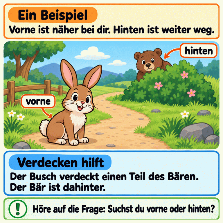 Ein Beispiel für vorne und hinten: Auf einer gemeinsamen Bodenfläche steht ein Hase nahe bei uns. Bei ihm steht vorne. Weiter entfernt steht ein Bär hinter einem Busch. Bei ihm steht hinten. Der Busch verdeckt einen Teil des Bären. Vorne bedeutet näher bei dir, hinten bedeutet weiter weg. Achte darauf, welche Lage die Frage sucht. Ein Beispiel: Vorne ist näher bei dir. Hinten ist weiter weg. Verdecken hilft: Der Busch verdeckt einen Teil des Bären. Der Bär ist dahinter. Höre auf die Frage: Suchst du vorne oder hinten? vorne hinten !