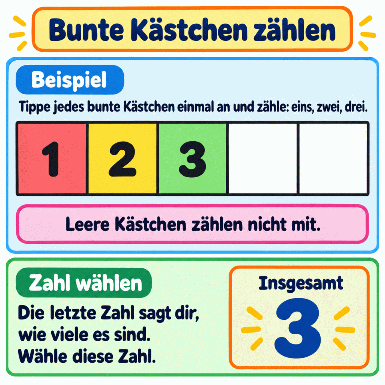 Ein Lehrbeispiel zeigt ein Raster mit drei ausgemalten und weiteren leeren Kästchen. In den ausgemalten Kästchen stehen die Zählzahlen eins, zwei und drei. Leere Kästchen werden nicht mitgezählt. Neben „Insgesamt“ steht die Ziffer drei: Die letzte Zählzahl sagt, wie viele Kästchen ausgemalt sind. Bunte Kästchen zählen Beispiel: Tippe jedes bunte Kästchen einmal an und zähle: eins, zwei, drei. Zahl wählen: Die letzte Zahl sagt dir, wie viele es sind. Wähle diese Zahl. Leere Kästchen zählen nicht mit. 1 2 3 Insgesamt