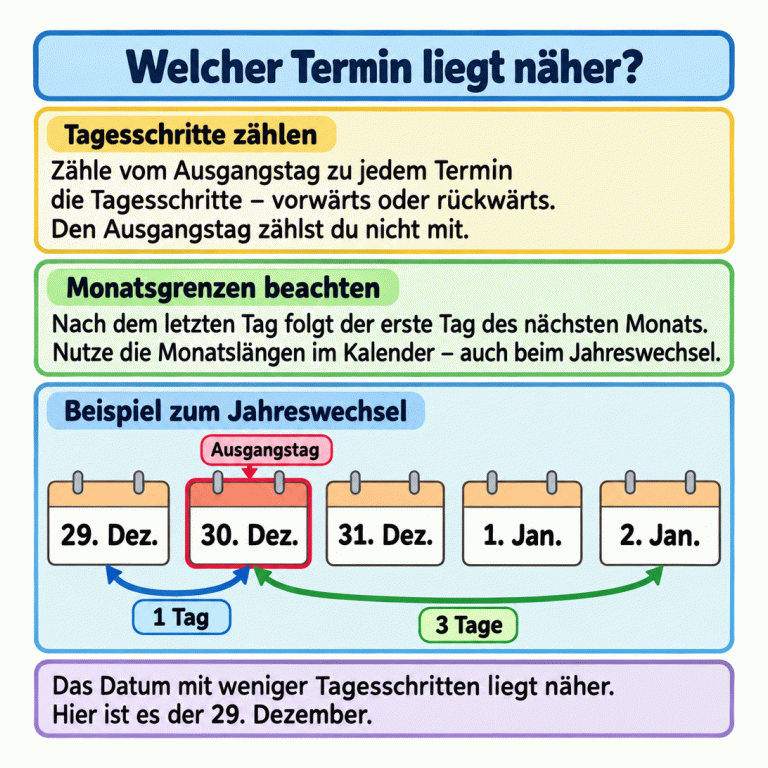 Zähle die Tagesschritte vom Ausgangstag zu jedem Termin, ohne den Ausgangstag mitzuzählen. Beachte dabei die Monatslängen. Ein Beispiel zeigt fünf aufeinanderfolgende Daten vom 29. Dezember bis zum 2. Januar. Ausgangstag ist der 30. Dezember. Zum 29. Dezember ist es ein Tag rückwärts, zum 2. Januar sind es drei Tage vorwärts. Deshalb liegt in diesem Beispiel der 29. Dezember näher. Welcher Termin liegt näher? Tagesschritte zählen: Zähle vom Ausgangstag zu jedem Termin die Tagesschritte – vorwärts oder rückwärts. Den Ausgangstag zählst du nicht mit. Monatsgrenzen beachten: Nach dem letzten Tag folgt der erste Tag des nächsten Monats. Nutze die Monatslängen im Kalender – auch beim Jahreswechsel. Beispiel zum Jahreswechsel: Das Datum mit weniger Tagesschritten liegt näher. Hier ist es der 29. Dezember. 29. Dez. 30. Dez. 31. Dez. 1. Jan. 2. Jan. Ausgangstag 1 Tag 3 Tage