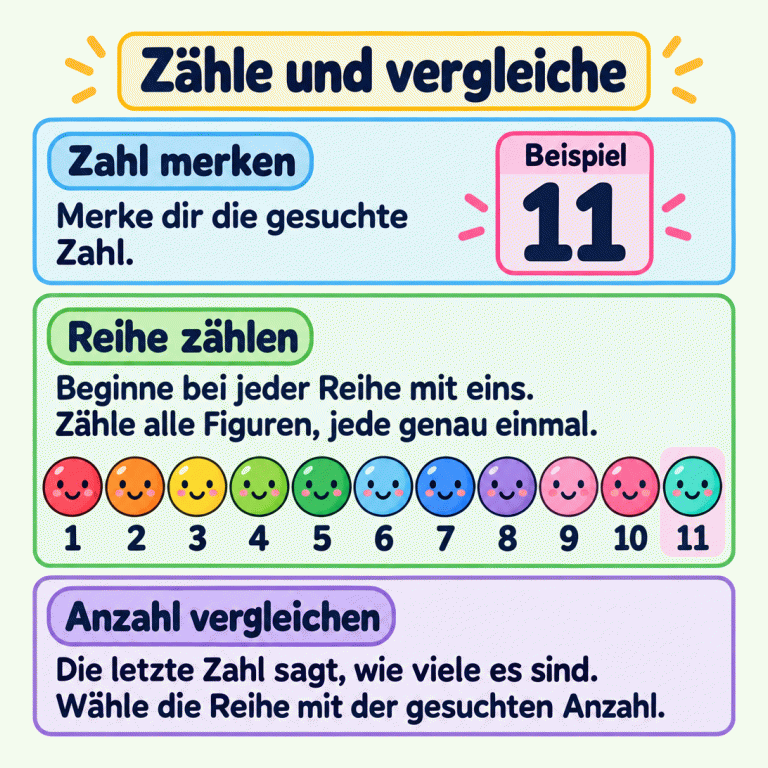 So findest du die passende Reihe: Merke dir die gesuchte Zahl. Beginne bei jeder Reihe mit eins und zähle jede Figur genau einmal. Im Beispiel ist die Zahl 11 gesucht. Elf Kreisfiguren sind mit den Zählzahlen 1 bis 11 versehen. Die letzte Zählzahl ist 11. Deshalb passt diese Beispielreihe zur gesuchten Zahl. Zähle und vergleiche Zahl merken: Merke dir die gesuchte Zahl. Reihe zählen: Beginne bei jeder Reihe mit eins. Zähle alle Figuren, jede genau einmal. Anzahl vergleichen: Die letzte Zahl sagt, wie viele es sind. Wähle die Reihe mit der gesuchten Anzahl. Beispiel 1 2 3 4 5 6 7 8 9 10 11