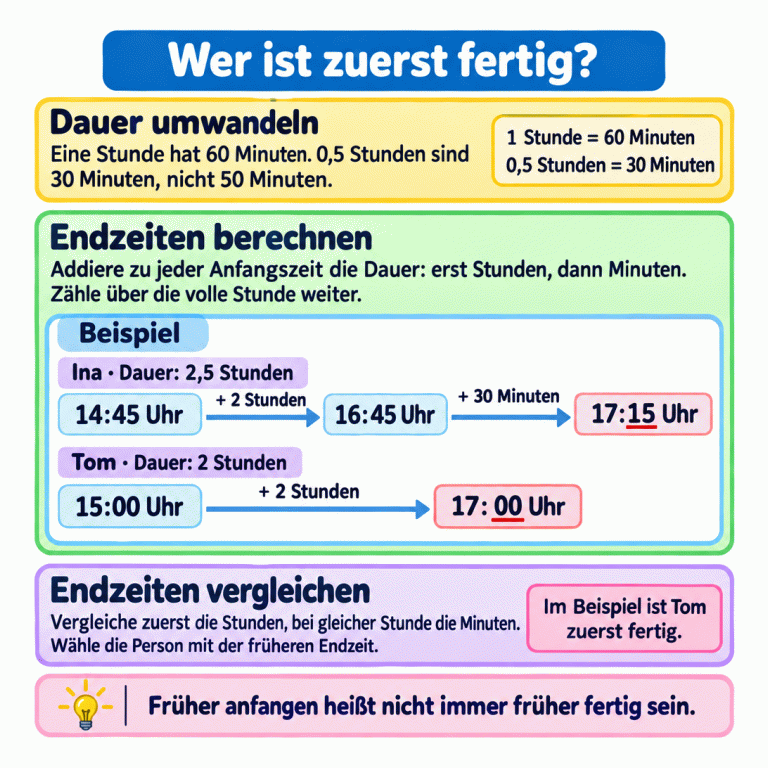 Lernkarte zum Vergleichen von Endzeiten. Eine Stunde hat 60 Minuten; 0,5 Stunden sind 30 Minuten. Addiere zu jeder Anfangszeit zuerst die ganzen Stunden und dann die Minuten. Beispiel: Ina beginnt um 14:45 Uhr und braucht 2,5 Stunden. Nach 2 Stunden ist es 16:45 Uhr, nach weiteren 30 Minuten 17:15 Uhr. Tom beginnt um 15:00 Uhr und braucht 2 Stunden. Er ist um 17:00 Uhr fertig. Vergleiche zuerst die Stunden, bei gleicher Stunde die Minuten. Im Beispiel ist Tom zuerst fertig, obwohl er später beginnt. Wer ist zuerst fertig? Dauer umwandeln: Eine Stunde hat 60 Minuten. 0,5 Stunden sind 30 Minuten, nicht 50 Minuten. Endzeiten berechnen: Addiere zu jeder Anfangszeit die Dauer: erst Stunden, dann Minuten. Zähle über die volle Stunde weiter. Endzeiten vergleichen: Vergleiche zuerst die Stunden, bei gleicher Stunde die Minuten. Wähle die Person mit der früheren Endzeit. Früher anfangen heißt nicht immer früher fertig sein. Beispiel Ina · Dauer: 2,5 Stunden 14:45 Uhr + 2 Stunden 16:45 Uhr + 30 Minuten 17:15 Uhr Tom · Dauer: 2 Stunden 15:00 Uhr 17:00 Uhr Im Beispiel ist Tom zuerst fertig. 1 Stunde = 60 Minuten 0,5 Stunden = 30 Minuten