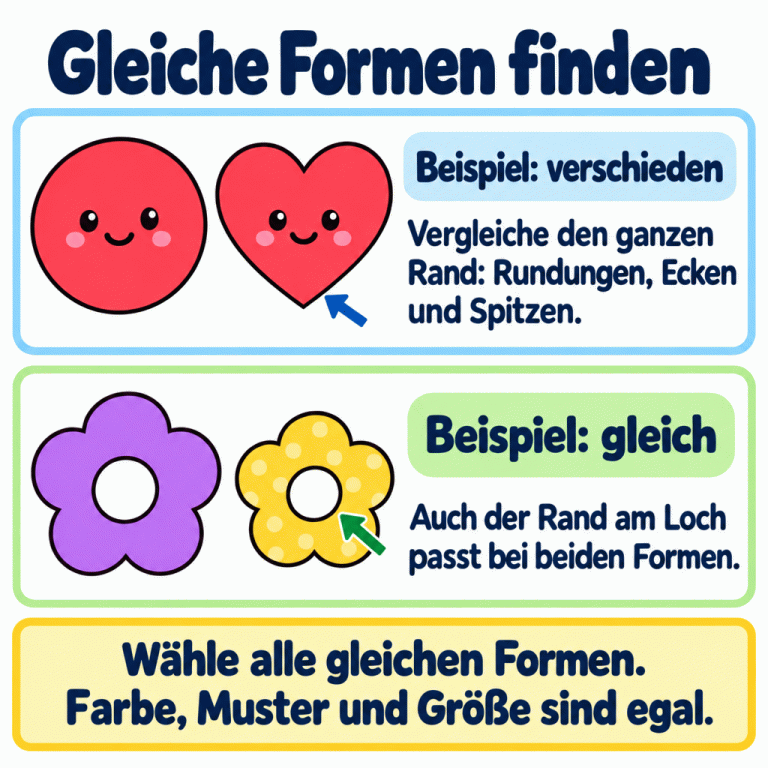 Zwei Lehrbeispiele zum Vergleichen von Formen: Ein Kreis und ein Herz haben unterschiedliche Außenränder. Zwei Blütenformen stimmen im Außenrand und im runden Loch überein, obwohl sie unterschiedlich gestaltet sind. Vergleiche den ganzen Rand und auch vorhandene Löcher. Wähle alle gleichen Formen; Farbe, Muster und Größe sind dabei egal. Gleiche Formen finden Beispiel: verschieden: Vergleiche den ganzen Rand: Rundungen, Ecken und Spitzen. Beispiel: gleich: Auch der Rand am Loch passt bei beiden Formen. Wähle alle gleichen Formen. Farbe, Muster und Größe sind egal.