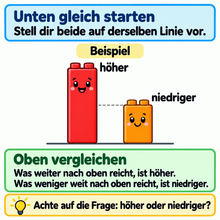 Zwei freundliche Bausteinfiguren stehen mit ihren Unterkanten auf derselben Linie. Eine reicht weiter nach oben und ist mit „höher“ beschriftet. Die andere reicht weniger weit nach oben und ist mit „niedriger“ beschriftet. Zum Vergleichen stellst du dir beide auf derselben Linie vor und achtest darauf, ob nach höher oder niedriger gefragt wird. Unten gleich starten: Stell dir beide auf derselben Linie vor. Oben vergleichen: Was weiter nach oben reicht, ist höher. Was weniger weit nach oben reicht, ist niedriger. Achte auf die Frage: höher oder niedriger? Beispiel höher niedriger