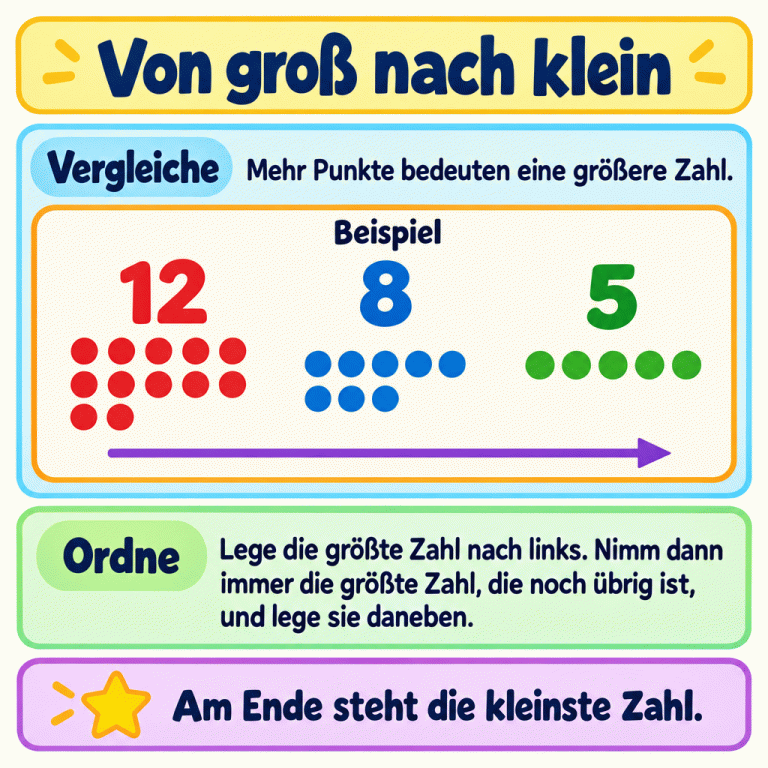 Lernkarte zum Ordnen von groß nach klein. Das Beispiel zeigt von links nach rechts 12, 8 und 5. Unter jeder Zahl stehen genauso viele Punkte. Mehr Punkte bedeuten eine größere Zahl. Beginne links mit der größten Zahl und lege dann immer die größte noch übrige Zahl daneben. Die kleinste Zahl steht am Ende. Von groß nach klein Vergleiche: Mehr Punkte bedeuten eine größere Zahl. Ordne: Lege die größte Zahl nach links. Nimm dann immer die größte Zahl, die noch übrig ist, und lege sie daneben. Am Ende steht die kleinste Zahl. Beispiel 12 8 5