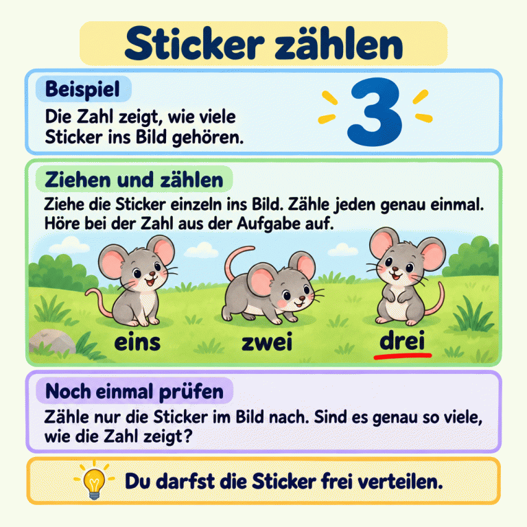 Eine Zählkarte zeigt als Beispiel die Zahl 3 und genau drei Mäuschen im Bild. Bei den Mäuschen stehen die Zählwörter eins, zwei und drei. Die Anleitung erklärt: Sticker einzeln ins Bild ziehen, jeden genau einmal zählen, bei der vorgegebenen Zahl aufhören und anschließend nachzählen. Die Sticker dürfen frei verteilt werden. Sticker zählen Beispiel: Die Zahl zeigt, wie viele Sticker ins Bild gehören. Ziehen und zählen: Ziehe die Sticker einzeln ins Bild. Zähle jeden genau einmal. Höre bei der Zahl aus der Aufgabe auf. Noch einmal prüfen: Zähle nur die Sticker im Bild nach. Sind es genau so viele, wie die Zahl zeigt? Du darfst die Sticker frei verteilen. 3 eins zwei drei