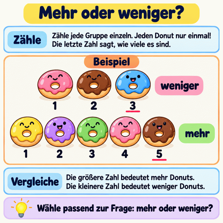 Ein Beispiel zeigt zwei Gruppen: drei Donuts mit den Zählzahlen eins bis drei und fünf Donuts mit den Zählzahlen eins bis fünf. Bei drei steht „weniger“, bei fünf steht „mehr“. Zähle jede Gruppe einzeln und jeden Donut nur einmal. Die letzte Zahl sagt, wie viele Donuts es sind. Wähle dann passend zur Frage die Gruppe mit mehr oder mit weniger Donuts. Mehr oder weniger? Zähle: Zähle jede Gruppe einzeln. Jeden Donut nur einmal! Die letzte Zahl sagt, wie viele es sind. Vergleiche: Die größere Zahl bedeutet mehr Donuts. Die kleinere Zahl bedeutet weniger Donuts. Wähle passend zur Frage: mehr oder weniger? Beispiel 1 2 3 4 5 weniger mehr