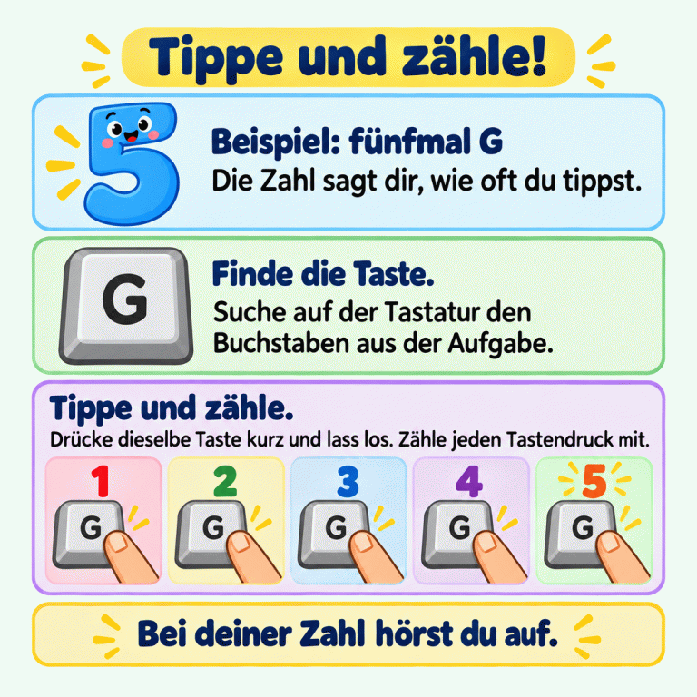 Tippe und zähle: Die Zahl sagt, wie oft du die genannte Buchstabentaste drücken sollst. Das Beispiel zeigt fünfmal G. Fünf aufeinanderfolgende Tastendrücke sind mit eins bis fünf gezählt. Drücke kurz, lass los und höre bei der Zahl aus deiner Aufgabe auf. Tippe und zähle! Beispiel: fünfmal G: Die Zahl sagt dir, wie oft du tippst. Finde die Taste.: Suche auf der Tastatur den Buchstaben aus der Aufgabe. Tippe und zähle.: Drücke dieselbe Taste kurz und lass los. Zähle jeden Tastendruck mit. Bei deiner Zahl hörst du auf. G 1 2 3 4 5