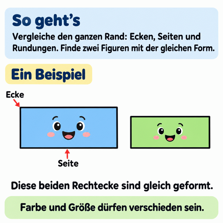 Zwei freundliche Rechtecke haben dieselbe längliche Form, sind aber unterschiedlich groß und verschiedenfarbig. An einem Rechteck sind eine Ecke und eine Seite beschriftet. Die Anleitung fordert dazu auf, den ganzen Rand zu vergleichen und zwei gleich geformte Figuren zu finden. So geht’s: Vergleiche den ganzen Rand: Ecken, Seiten und Rundungen. Finde zwei Figuren mit der gleichen Form. Ein Beispiel: Diese beiden Rechtecke sind gleich geformt. Farbe und Größe dürfen verschieden sein. Ecke Seite