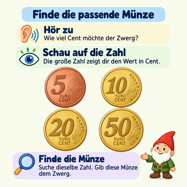 Vier Centmünzen zeigen die Zahlen 5, 10, 20 und 50. Die 5-Cent-Münze ist kupferfarben, die anderen sind goldfarben. Die Anleitung erklärt: Höre, wie viel Cent der Zwerg möchte. Vergleiche die gesuchte Zahl mit den großen Zahlen auf den Münzen und gib ihm die passende Münze. Finde die passende Münze Hör zu: Wie viel Cent möchte der Zwerg? Schau auf die Zahl: Die große Zahl zeigt dir den Wert in Cent. Finde die Münze: Suche dieselbe Zahl. Gib diese Münze dem Zwerg. 5 10 20 50 EURO CENT