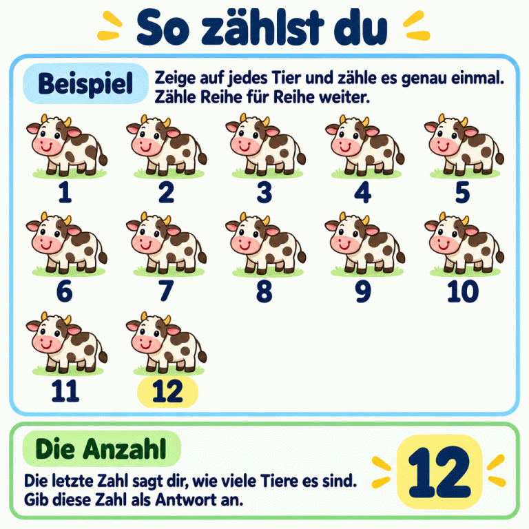 Ein ausdrücklich gekennzeichnetes Beispiel zeigt zwölf freundliche Kühe in drei Reihen mit fünf, fünf und zwei Tieren. Bei jeder Kuh steht eine Zählzahl, fortlaufend von 1 bis 12. Die Anleitung erklärt, jedes Tier genau einmal zu zählen und in der nächsten Reihe weiterzumachen. Unten steht die Zahl 12 als Anzahl aller Kühe: Die letzte Zählzahl gibt an, wie viele Tiere es insgesamt sind. So zählst du Beispiel: Zeige auf jedes Tier und zähle es genau einmal. Zähle Reihe für Reihe weiter. Die Anzahl: Die letzte Zahl sagt dir, wie viele Tiere es sind. Gib diese Zahl als Antwort an. 1 2 3 4 5 6 7 8 9 10 11 12