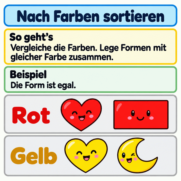 Beispiel zum Sortieren nach Farben: Ein rotes Herz und ein rotes Rechteck bilden eine Gruppe. Ein gelbes Herz und eine gelbe Mondsichel bilden eine andere Gruppe. Entscheidend ist die Farbe, nicht die Form. Nach Farben sortieren So geht’s: Vergleiche die Farben. Lege Formen mit gleicher Farbe zusammen. Beispiel: Die Form ist egal. Rot Gelb