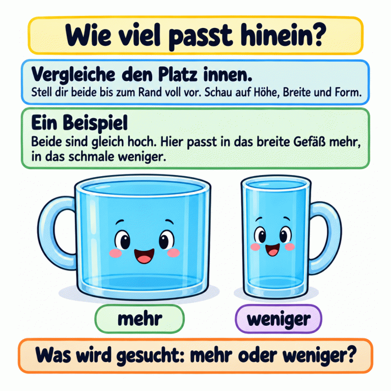 Wie viel passt hinein? Stelle dir beide Gefäße bis zum Rand voll vor und vergleiche Höhe, Breite und Form. Das Beispiel zeigt zwei gleich hohe Gefäße mit unterschiedlich breiten Innenräumen. In das breite passt mehr, in das schmale weniger. Achte darauf, ob in der Frage mehr oder weniger gesucht wird. Wie viel passt hinein? Vergleiche den Platz innen.: Stell dir beide bis zum Rand voll vor. Schau auf Höhe, Breite und Form. Ein Beispiel: Beide sind gleich hoch. Hier passt in das breite Gefäß mehr, in das schmale weniger. Was wird gesucht: mehr oder weniger? mehr weniger