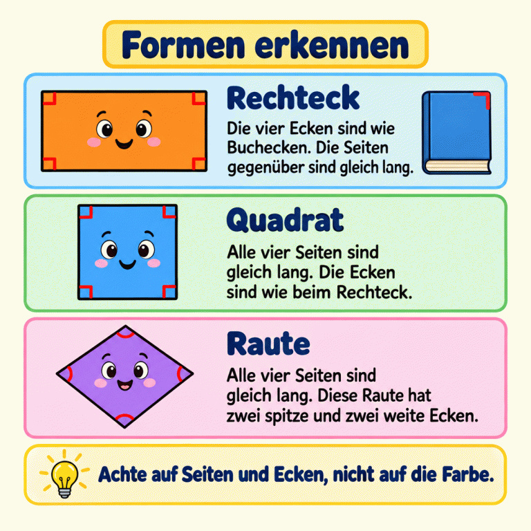 Drei farbige Formen erklären ihre Seiten und Ecken. Das Rechteck hat vier Ecken wie ein Buch; gegenüberliegende Seiten sind gleich lang. Ein kleines Buch verdeutlicht die Eckform. Das Quadrat hat vier gleich lange Seiten und dieselbe Eckform wie das Rechteck. Die gezeigte Raute hat ebenfalls vier gleich lange Seiten, aber zwei spitze und zwei weite Ecken. Der Merksatz lautet: Achte auf Seiten und Ecken, nicht auf die Farbe. Formen erkennen Rechteck: Die vier Ecken sind wie Buchecken. Die Seiten gegenüber sind gleich lang. Quadrat: Alle vier Seiten sind gleich lang. Die Ecken sind wie beim Rechteck. Raute: Alle vier Seiten sind gleich lang. Diese Raute hat zwei spitze und zwei weite Ecken. Achte auf Seiten und Ecken, nicht auf die Farbe.