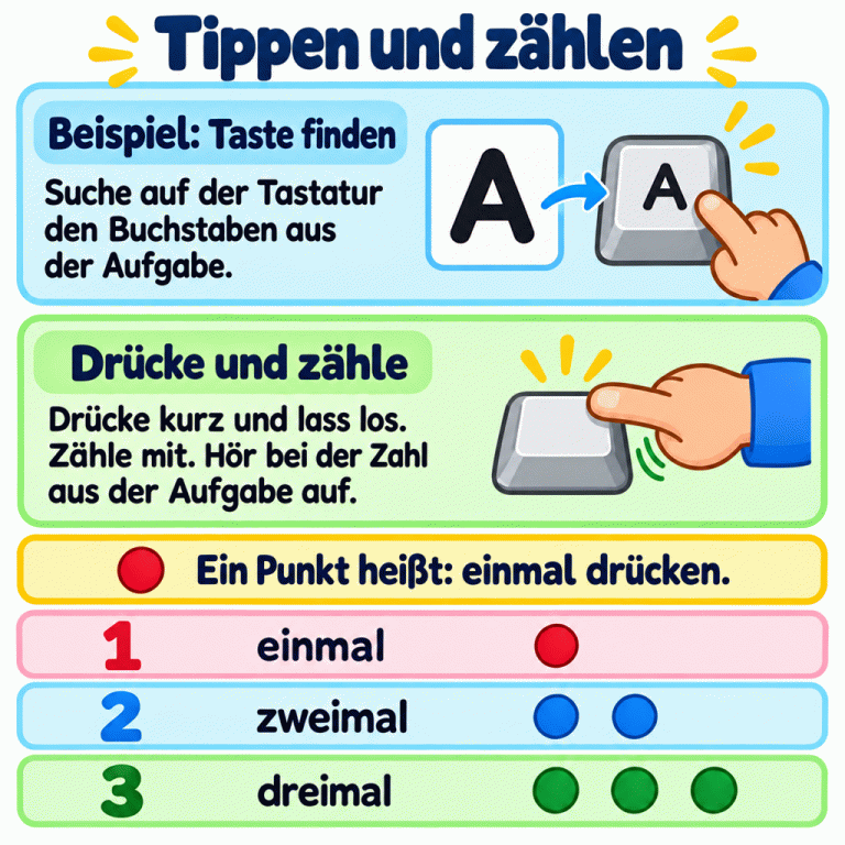 Tippen und zählen: Suche die passende Buchstabentaste. Das Beispiel zeigt ein A und eine Taste mit A. Drücke kurz, lass wieder los und zähle mit. Die 1 gehört zu einmal und einem Punkt, die 2 zu zweimal und zwei Punkten, die 3 zu dreimal und drei Punkten. Jeder Punkt bedeutet einen Tastendruck. Höre bei der geforderten Anzahl auf. Tippen und zählen Beispiel: Taste finden: Suche auf der Tastatur den Buchstaben aus der Aufgabe. Drücke und zähle: Drücke kurz und lass los. Zähle mit. Hör bei der Zahl aus der Aufgabe auf. Ein Punkt heißt: einmal drücken. A 1 einmal 2 zweimal 3 dreimal