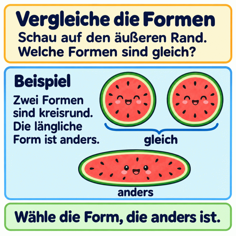Vergleiche den äußeren Rand der Dinge. Das Beispiel zeigt zwei kreisrunde Melonenscheiben mit der Beschriftung „gleich“ und eine längliche ovale Melonenscheibe mit der Beschriftung „anders“. Wähle jeweils das Ding, dessen Form sich von den anderen unterscheidet. Vergleiche die Formen: Schau auf den äußeren Rand. Welche Formen sind gleich? Beispiel: Zwei Formen sind kreisrund. Die längliche Form ist anders. Wähle die Form, die anders ist. gleich anders