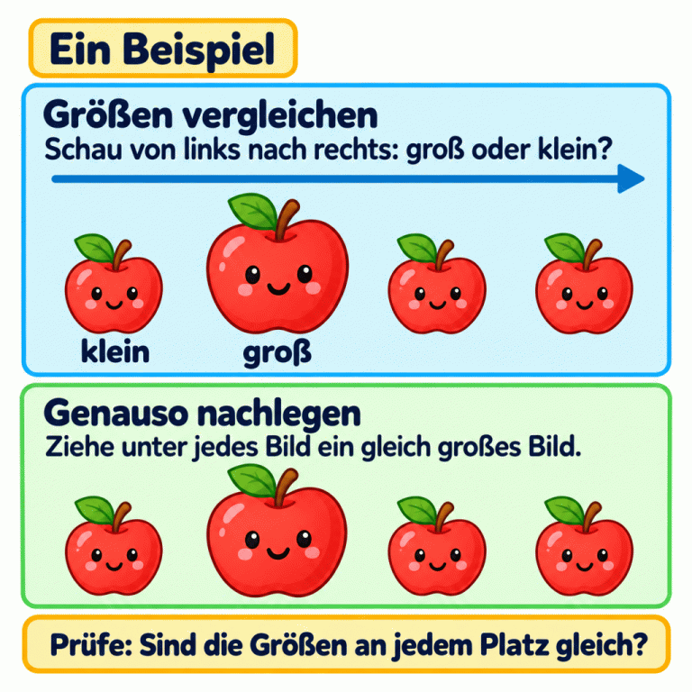 Ein Beispiel zeigt oben vier Äpfel: klein, groß, klein, klein. Darunter ist dieselbe Größenfolge nachgelegt. Die Anleitung erklärt: Von links nach rechts vergleichen, unter jedes Bild ein gleich großes Bild ziehen und danach jeden Platz prüfen. Größen vergleichen: Schau von links nach rechts: groß oder klein? Genauso nachlegen: Ziehe unter jedes Bild ein gleich großes Bild. Prüfe: Sind die Größen an jedem Platz gleich? Ein Beispiel klein groß