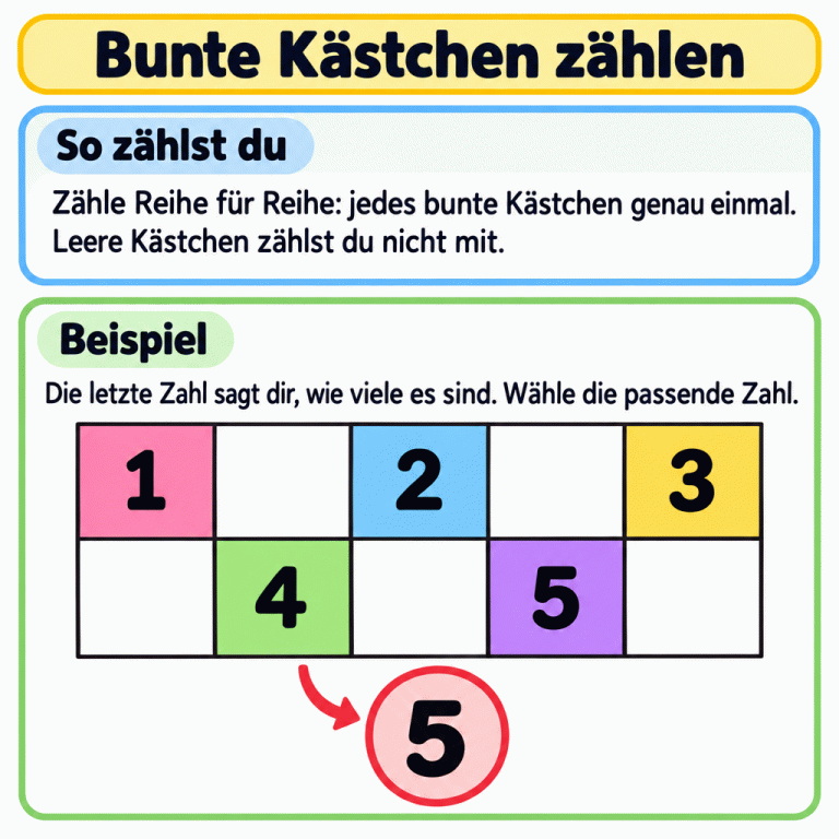 Ein Zählbeispiel zeigt fünf ausgemalte Kästchen zwischen leeren Kästchen. Nur die ausgemalten Kästchen sind Reihe für Reihe mit eins bis fünf beschriftet. Darunter steht die Fünf als passende Zahl. Jedes bunte Kästchen wird einmal gezählt; leere Kästchen zählen nicht mit. Bunte Kästchen zählen So zählst du: Zähle Reihe für Reihe: jedes bunte Kästchen genau einmal. Leere Kästchen zählst du nicht mit. Beispiel: Die letzte Zahl sagt dir, wie viele es sind. Wähle die passende Zahl. 1 2 3 4 5