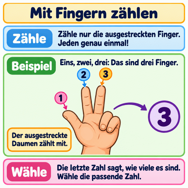 Ein Beispiel zum Fingerzählen: Daumen, Zeigefinger und Mittelfinger sind ausgestreckt. Die beiden anderen Finger sind eingeklappt. Bei den ausgestreckten Fingern stehen die Zählzahlen 1, 2 und 3. Dazu passt die große Zahl 3. Zähle jeden ausgestreckten Finger genau einmal. Auch der ausgestreckte Daumen zählt mit. Die letzte Zahl sagt, wie viele es sind. Mit Fingern zählen Zähle: Zähle nur die ausgestreckten Finger. Jeden genau einmal! Beispiel: Eins, zwei, drei: Das sind drei Finger. Wähle: Die letzte Zahl sagt, wie viele es sind. Wähle die passende Zahl. Der ausgestreckte Daumen zählt mit. 1 2 3