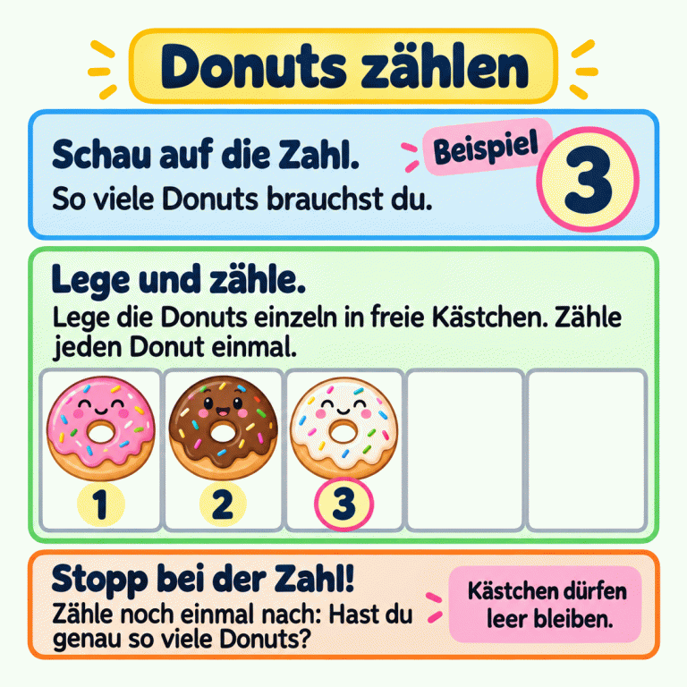 Eine Anleitung zum Donutzählen: Schau auf die Zahl, lege die Donuts einzeln in freie Kästchen und zähle jeden einmal. Im gekennzeichneten Beispiel steht die Zahl 3. Drei von fünf Kästchen enthalten je einen Donut. Darunter stehen die Zählzahlen 1, 2 und 3. Zwei Kästchen bleiben leer. Bei der vorgegebenen Zahl hörst du auf und zählst zur Kontrolle noch einmal nach. Donuts zählen Schau auf die Zahl.: So viele Donuts brauchst du. Lege und zähle.: Lege die Donuts einzeln in freie Kästchen. Zähle jeden Donut einmal. Stopp bei der Zahl!: Zähle noch einmal nach: Hast du genau so viele Donuts? Kästchen dürfen leer bleiben. Beispiel 3 1 2