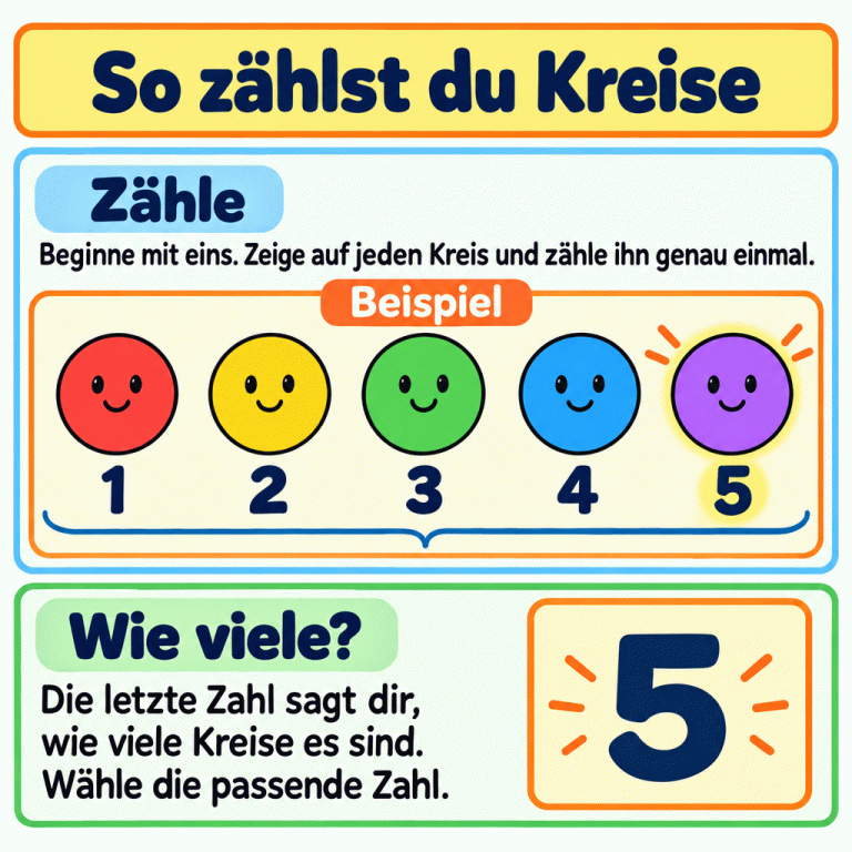 Ein ausdrücklich gekennzeichnetes Beispiel zeigt fünf Kreise. Unter jedem Kreis steht eine Zählziffer, der Reihe nach von 1 bis 5. Die Anleitung erklärt: Bei eins beginnen und jeden Kreis genau einmal zählen. Die letzte Zahl sagt, wie viele Kreise es insgesamt sind. Eine große 5 steht für die gesamte Beispielmenge. So zählst du Kreise Zähle: Beginne mit eins. Zeige auf jeden Kreis und zähle ihn genau einmal. Wie viele?: Die letzte Zahl sagt dir, wie viele Kreise es sind. Wähle die passende Zahl. Beispiel 1 2 3 4 5
